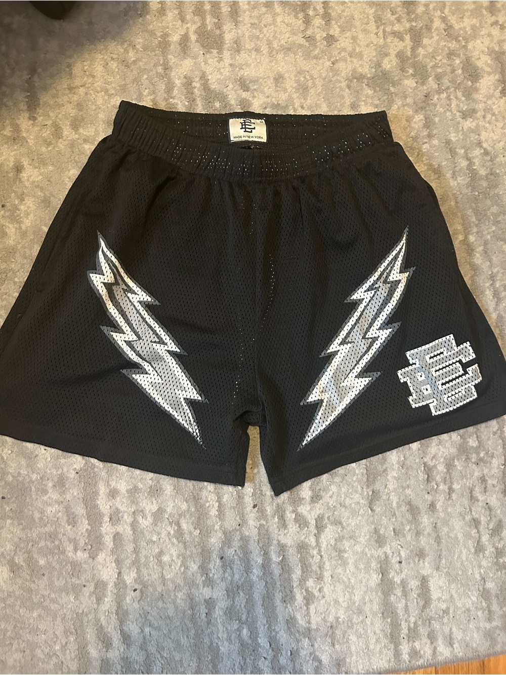 Eric Emanuel Black Mesh Shorts with Silver Lightning